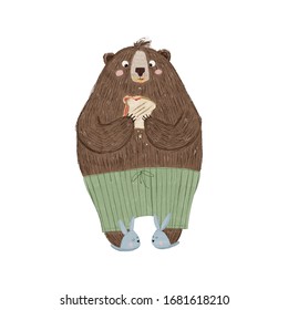 Cute illustration for kids and bear in pajama pants   bunny slippers eating jelly   peanut butter sandwich  Bear illustration for children  Adorable teddy character  Poster for kids room