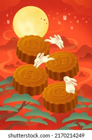 Cute Illustration Of Rabbits Jumping Around On Giant Mooncakes On Mid Autumn Festival Night