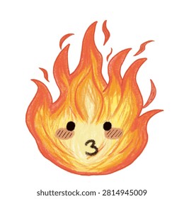A cute illustration of roaring fire flames in a colored pencil style. (Cute fire flame illustration in colored pencil style, roaring bright flames.)