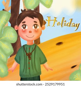 A cute illustration of a smiling boy enjoying a sunny holiday in nature, surrounded by lush greenery and bright skies. Perfect for children’s books, holiday-themed designs, or educational materials - Powered by Shutterstock