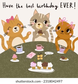 Cute illustration - three funny cats are drinking tea with cupcakes. Birthday greeting card. Adorable pets. Best friends - cute animals. - Powered by Shutterstock