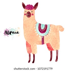Cute illustration. Watercolor animal drawing. Llamas or alpacas clip-art.