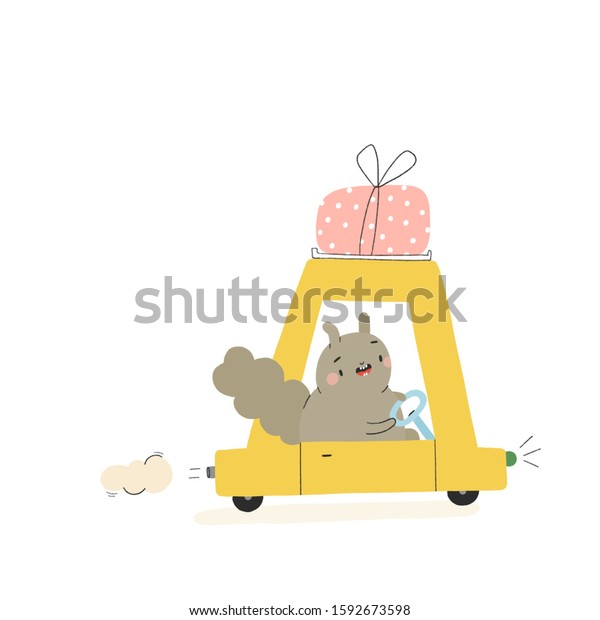 Cute illustration with yellow car and smiley\
animal. Cartoon illustration with funny creature in bright colors\
on a white\
background.