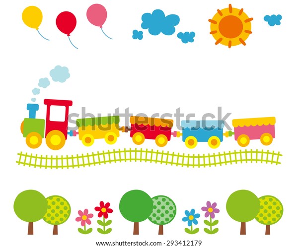 子ども向けのかわいいイラスト 風船と太陽とカラフルな電車 のイラスト素材