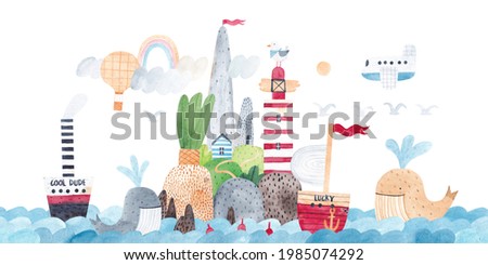 Cute island in the ocean. Sea port. Traveler's postcard. Painting for the children's room. Mountain landscape.