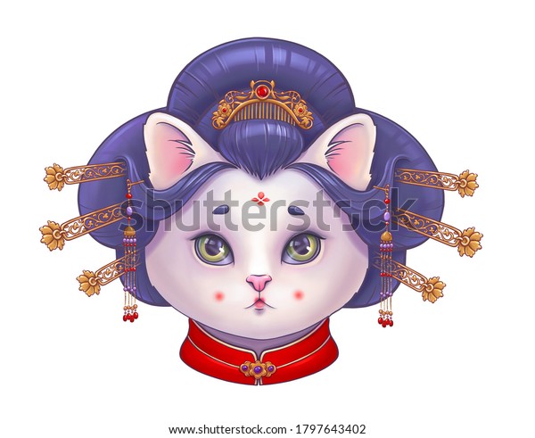 和服を着たかわいい日本の芸者猫 神人同形動物 手描きのイラスト のイラスト素材