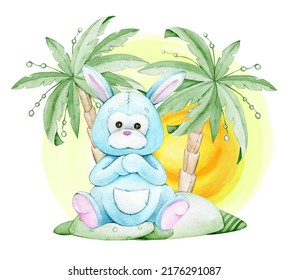 Cute Kangaroo, Palm Trees, Sun, Cartoon Style. Watercolor Clipart, On An Isolated Background.