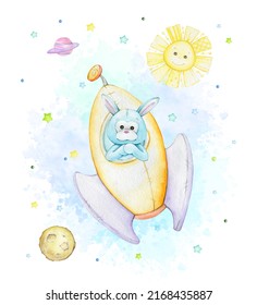 Cute Kangaroo, Rocket, Sun, Moon, Saturn, Stars, Watercolor Clipart On An Isolated Background, In Cartoon Style.