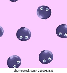 Cute Kawaii Blueberry Seamless Pattern On Lilac Background