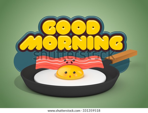 かわいいかわいい朝ごはんのキャラクター ベーコンと卵を鍋に入れ おはよう の看板 のイラスト素材