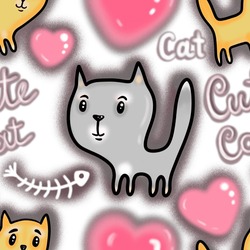 Cute Kawaii Cat Animals Seamless Pattern Background Wallpaper Fabric Fashion Design Print Wrapping Paper Digital Illustration Art Texture Textile Wallpaper Colorful Image With Repeat Elements 