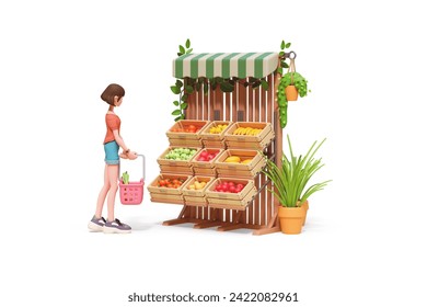 Cute kawaii colorful girl holding basket in hand buying fruits at street market stand, apples, pears, bananas, oranges tangerines, melons, pomegranates, green plants. 3d render isolated white backdrop - Powered by Shutterstock