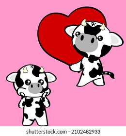 Cute Kawaii Cow Character Cartoon Valentine´s Day Collection Illustration