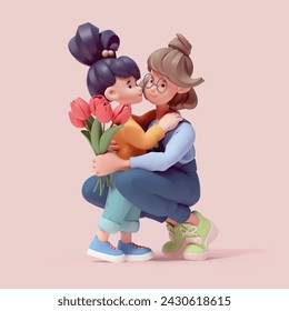 Cute kawaii excited asian smiling child girl hugs her young mom, sister gives a bouquet of red tulips with love, support, care, congratulates on holiday. Happy Mother's day. 3d render on pink backdrop - Powered by Shutterstock