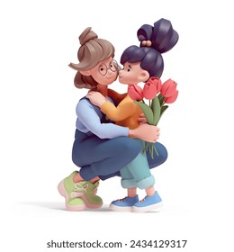 Cute kawaii excited asian smiling child girl hugs young mom, sister gives bouquet of red tulips with love, support, care congratulates on holiday. Happy Mother's day. 3d render isolated white backdrop - Powered by Shutterstock