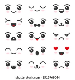 Cute Kawaii Face Icon Set On White Background.