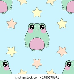 Cute Kawaii Froggy Frog And Stars Seamless Pattern Pastel Colors