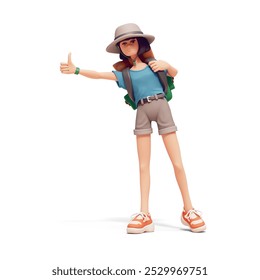 Cute kawaii funny asian brunette girl in hat, blue t-shirt, gray shorts with backpack hitchhiking on road, hand gesture thumb up trying to stop car. Summer vacation. 3d render isolated white backdrop. - Powered by Shutterstock