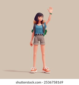 Cute kawaii funny asian brunette girl in blue t-shirt, gray shorts, red sneakers with big green camping backpack, yellow mat stands waving with one hand, goes out to travel. 3d render in pastel colors