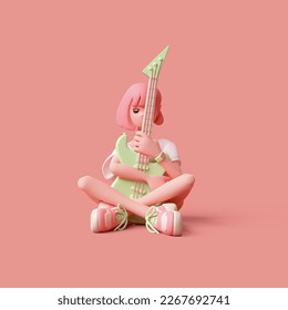 Cute kawaii funny asian music lover pink-haired k-pop girl sits cross-legged hugging a light green electric guitar with her hands has fun joy. Lessons at school education. 3d render in pastel colors. - Powered by Shutterstock