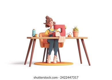 Cute kawaii smiling brunette funny casual asian girl in yellow t-shirt, blue overalls sits on orange chair at table, sews clothes on red sewing machine works at home. 3d render isolated white backdrop - Powered by Shutterstock