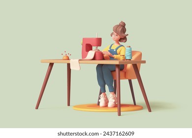 Cute kawaii smiling brunette funny casual asian girl in yellow t-shirt, blue overalls sits on an orange chair at table, sews clothes on red sewing machine works at home. 3d render on green backdrop. - Powered by Shutterstock