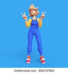 Cute Kawaii Smiling Positive Casual Blonde Girl In Red Glasses Wearing Blue Apron, Yellow T-shirt Shows Fingers Doing Peace Sign, Victory Symbol, Number Two, Successful Person. 3d Render Minimal Style