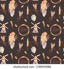 Cute kawaii square pattern of spikelets of sprigs of wheat and grains, girl on brown background isolate. Digital watercolor art. Print for packaging, brand, wrapping paper, textiles, restaurant menu