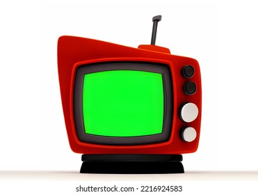 A Cute Kawaii Style Illustration Of A Television Set, Curvy Analog Retro Vintage Household Appliance. Colorful Drawing, Funny Cartoon Comic Feeling. Green Screen.
