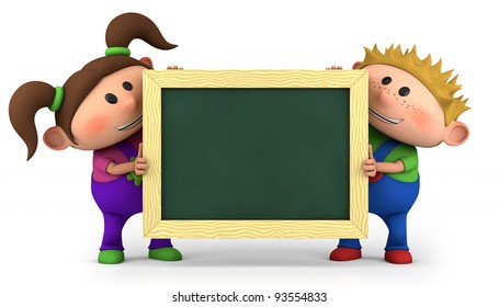 cute kids holding a blank chalkboard - high quality 3d illustration