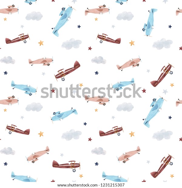 かわいい子達水彩柄 男の子の壁紙 星空と風船 飛行機 のイラスト素材