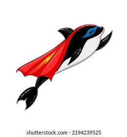 Cute Killer Whale Character In Superhero Costume. Black Orca In Red Cape And Blue Mask Cartoon Illustration Isolated. Underwater Wild Sea Animal Clipart. Shark Dolphin Funny Picture For Mascote