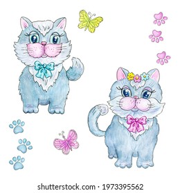 Cute kitten boy in bow tie and kitten girl with flowers. Card clipart is decorated with flying butterflies and traces of the paws of cat. Celebratory children's clipart with festively dressed kittens. - Powered by Shutterstock