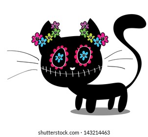 Cute kitten and flowers  sugar skull painted  Day the Dead concept  Dia de los Muertos