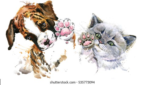 Cute Kitten. Funny Dog. Watercolor Cat And Puppy Illustration. 