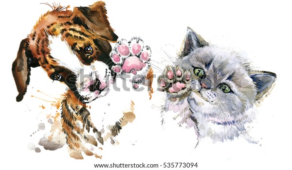 可愛い子猫 面白い犬 水彩猫と子犬のイラスト のイラスト素材