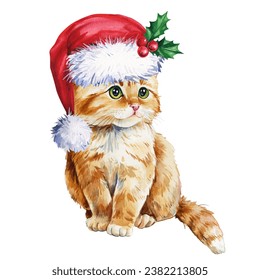 Cute kitten in red santa hat on isolated white background, holiday watercolor illustration - Powered by Shutterstock