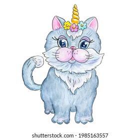 Cute kitten unicorn girl with golden horn and flowers wreath. Cat clipart. Celebratory children's card with kitty caticorn. - Powered by Shutterstock