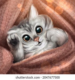 Cute kitty in blanket. Hand drawn cat illustration