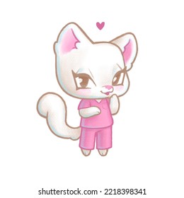 Cute Kitty Doctor.
A Cartoon-style Character: A White Cat In A Pink Doctor Costume Laughs On A White Background.