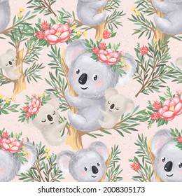 Cute Koalas - Mom And Babies On Gum Tree. Seamless Pattern With Digital Hand Drawnillustrations With Australian Animals Theme