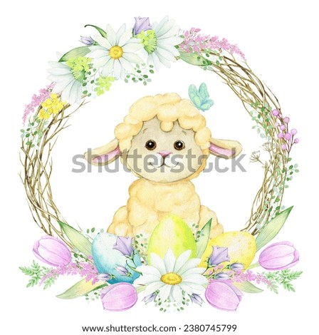 A cute lamb and a butterfly, surrounded by a wreath of spring flowers, Easter eggs, a watercolor wreath, in cartoon style, on an isolated background.