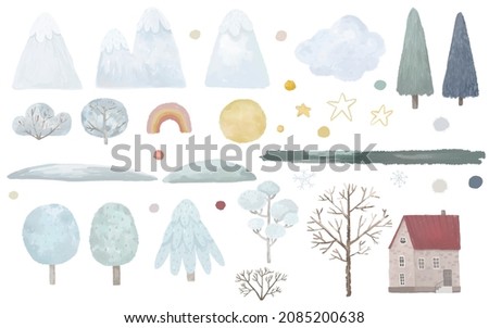  cute landscape elements, house, trees, mountains, snow, childrens illustration, stickers, prints