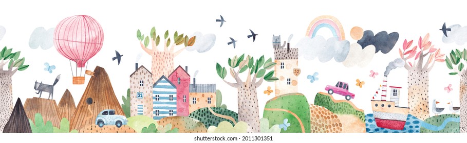 Cute landscape  hills  trail  lonely house  mountains  lake   ship  clouds   ballon  cars  Watercolor illustration  Children's horizontal poster  Horizontal border  Seamless pattern 