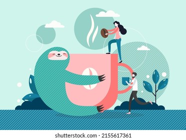 Cute lazy sloth hugging huge coffee mug, male and female characters with coffee bean and cup, flat style design illustration. Morning coffee concept. - Powered by Shutterstock