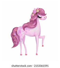 Cute light pink pony watercolor illustration. Little horse with flowers in hairstyle. Adorable unicorn girl card.