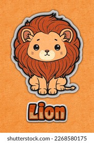 Cute lion cartoon illustration in felt fabric style baby wild animal