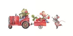 Cute Little Animals On A Tractor Are Carrying A Strawberry Harvest From The Farm. Kids Style Illustration Isolated On White Background. Illustration For Children's Room Decor, Products For Children.
