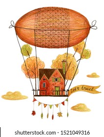 Cute Little Autumn House Trees Flying Stock Illustration 1521049316