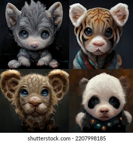 Cute Little Baby Animals Pack Wolf Tiger Lion And Panda With Big Eyes, Very Cute, In Front Looking At Camera